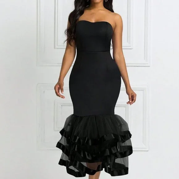 Dresses | Black Preppy Womens Contrast Mesh Mermaid Hem Tube Dress |  Poshmark